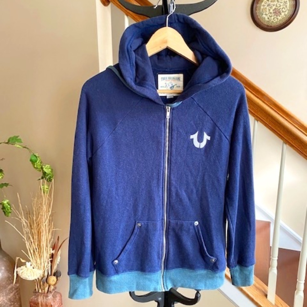 True Religion Y2K Branded Stencil Raglan Hoodie Navy Blue Bling Logo Size L
